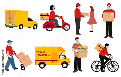 Online delivery contactless service to home,office by bicycle,motorcycle,truck. delivery man is waring mark to prevent coronavirus