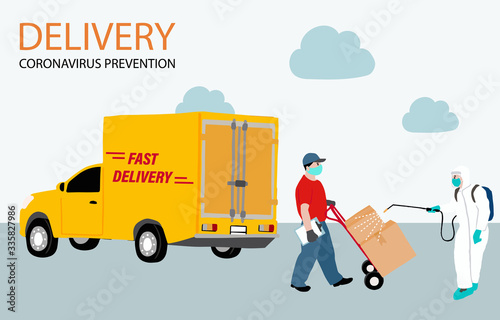 Online delivery contactless service to home,office by truck. delivery man is cleaning  and waring mark to prevent coronavirus