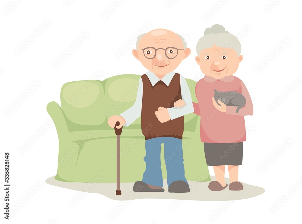 Grandparents stay at home. Elderly men and women with cat, vector illustration. Grandparents stay at home. Elderly men and women with cat, vector illustration.