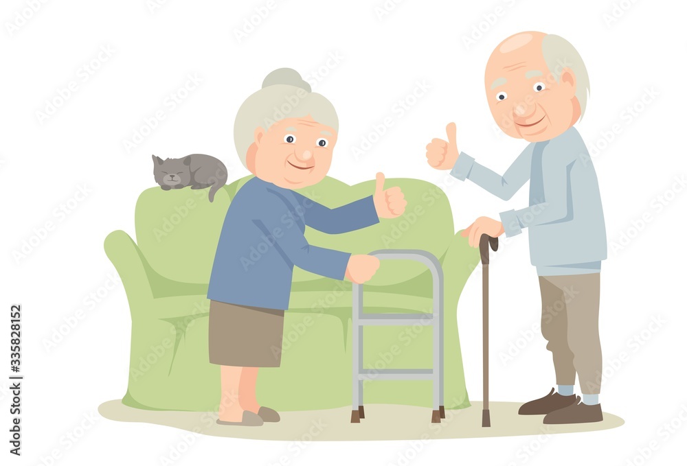 Grandparents stay at home. Elderly men and women with cat, vector illustration. Grandparents stay at home. Elderly men and women with cat, vector illustration.