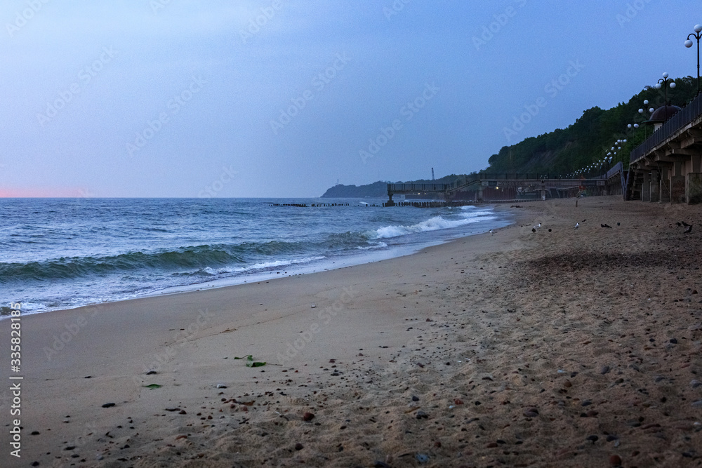 Views of the sandy Baltic coast, the waves and the beach in Svetlogorsk the Kaliningrad region of Russia.
