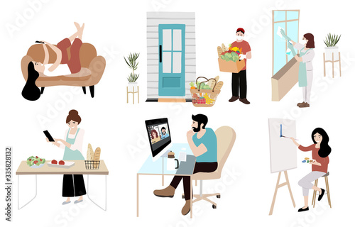 People is working, cleaning,cooking at home.Woman and man at home in quarantine