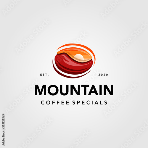 mountain coffee with sunset view in coffee seed logo vector illustration design