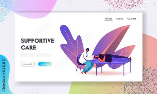 Hygiene, Professional Massaging and Beautician Salon Landing Page Template. Female Character Applying Facial Massage or Spa Procedure from Doctor for Skin Care. Cartoon People Vector Illustration