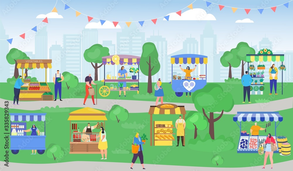 Street shop market vector illustration. Cartoon flat people shopping, woman man characters with shopper bag buying food, flowers at outdoor kiosk stall. City summer fair marketplace, retail background