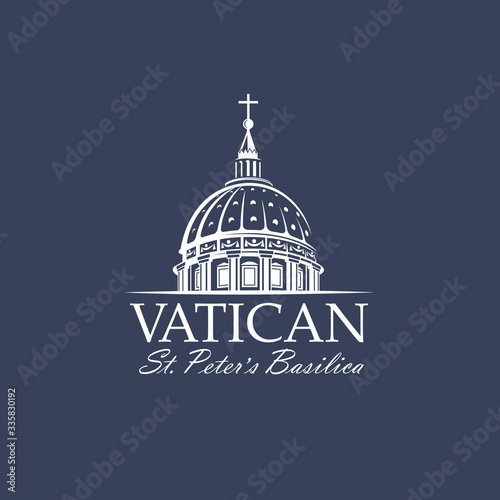 white icon of Saint Peters Basilica at Vatican isolated on blue background