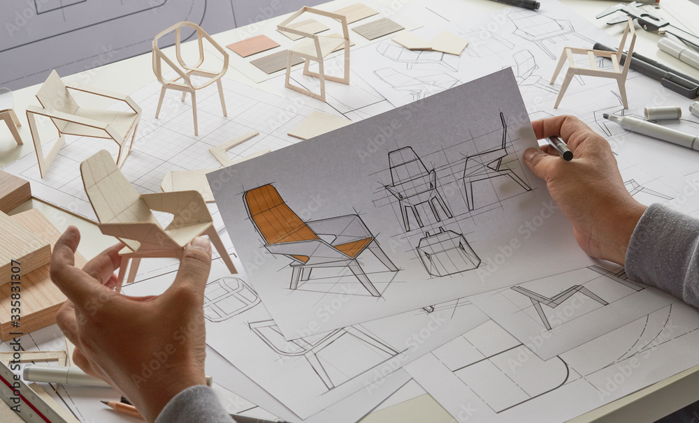 Designer sketching drawing design development product plan draft chair  armchair Wingback Interior furniture prototype manufacturing production. designer  studio concept . Stock Photo | Adobe Stock