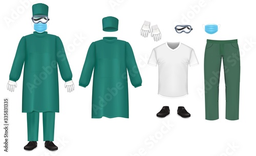 Bacteriological green protective suit set, vector isolated illustration