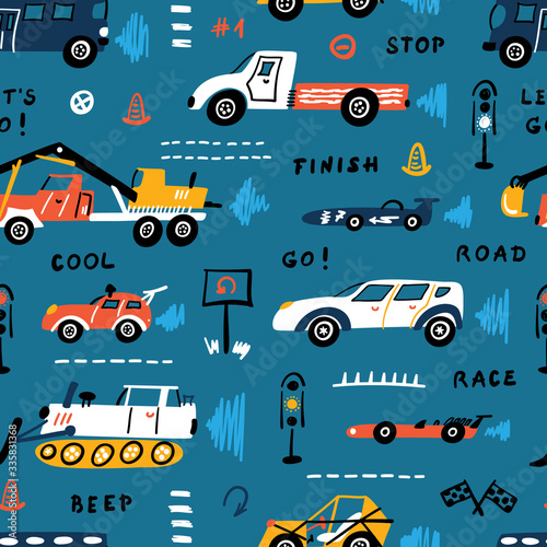 Vector Seamless Pattern with Doodle Different Toy Cars  Racing Car  Heavy Construction Trucks and Traffic Signs. Cartoon Transportation Blue Background for Kids 