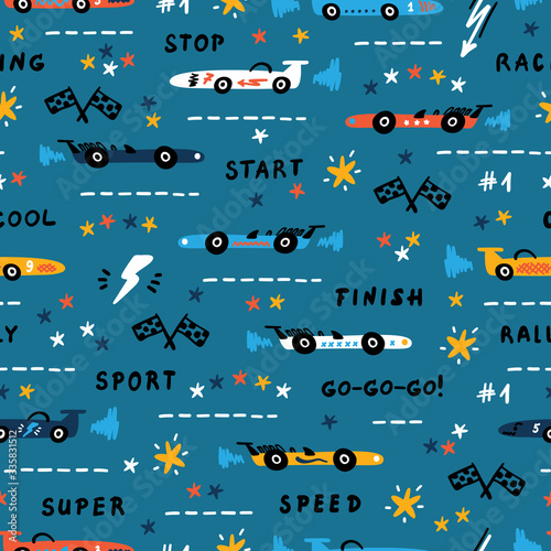 Toy Racing Cars. Vector Seamless Pattern with Doodle Sport Car. Cartoon Transportation Blue Background for Kids

