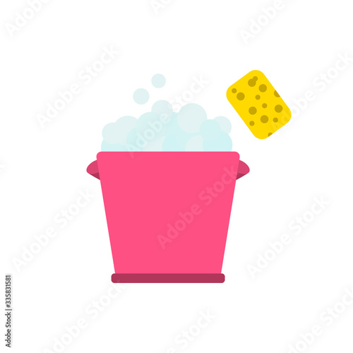 Bucket full of soap with sponge, cleaning vector icon