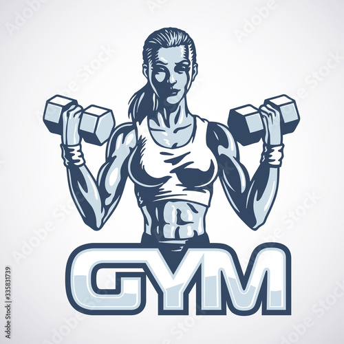 Athletic young fitness woman with dumbbells. Vector illustration.
