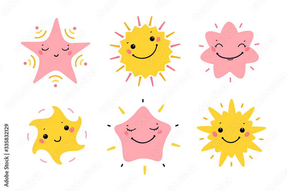 Fototapeta premium Cute Little Stars Vector Set. Doodle Kawaii Star Icons for Kids Fashion, Nursery, Baby Shower, Scandinavian Print or Poster, Pajamas Party 