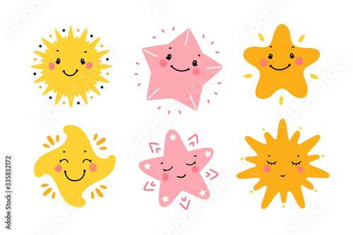 Cute Little Stars Vector Set. Doodle Kawaii Star Icons for Kids Fashion, Nursery, Baby Shower, Scandinavian Print or Poster, Pajamas Party
