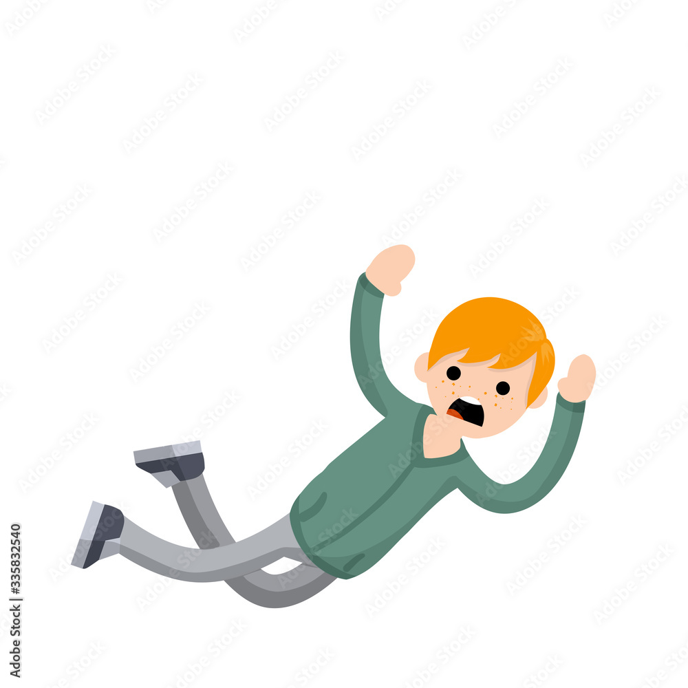 Screaming man falls from height. horror and fear of heights - phobia Acrophobia. Cartoon flat illustration. Drop young guy Screaming man falls from height. horror and fear of heights - phobia Acrophobia. Cartoon flat illustration. Drop young guy