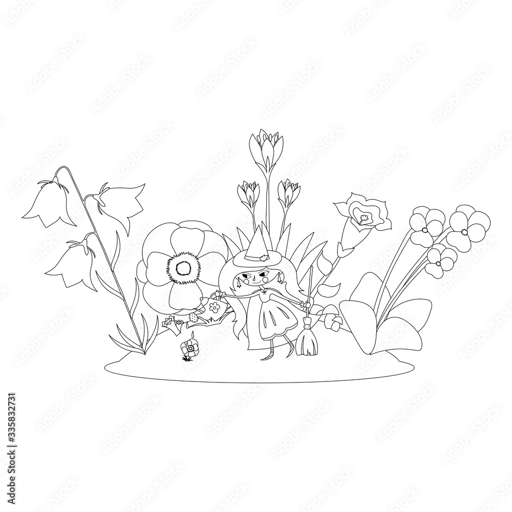 Colouring page with cartoon elements.