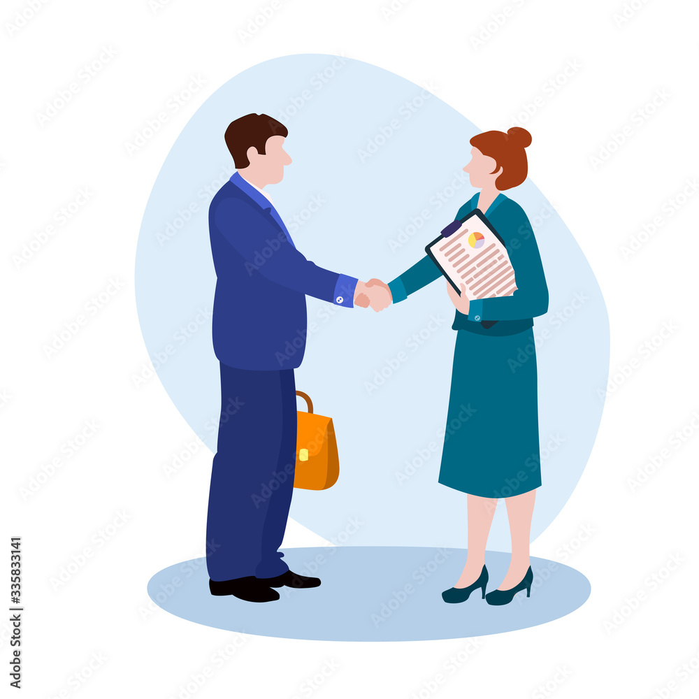 Handshake Man In A Business Suit And Women vector illustration from office collection. Flat cartoon illustration isolated on white Handshake Man In A Business Suit And Women vector illustration from office collection. Flat cartoon illustration isolated on white