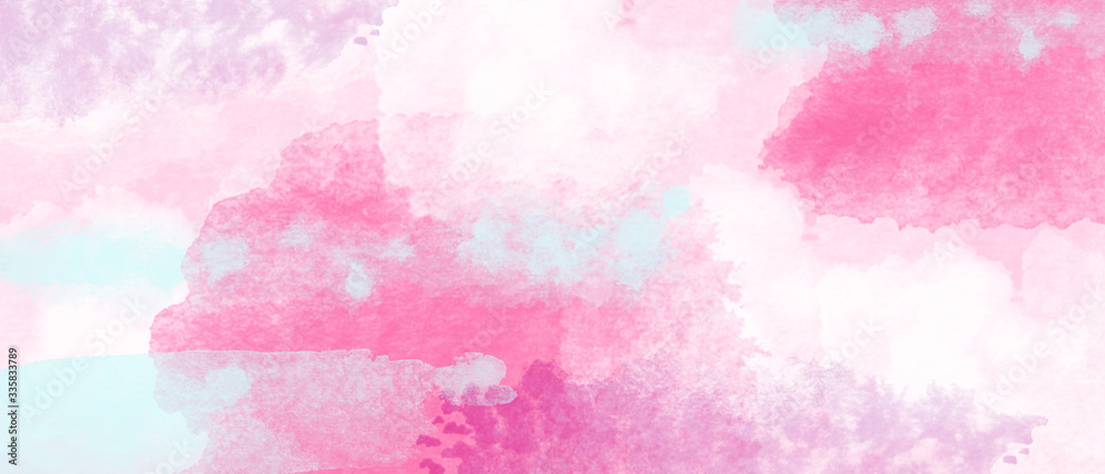 Gentle romantic watercolor background. Spots and splashes of blue white pink and purple colors

