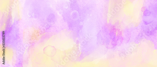Delicate purple and yellow watercolor background. Spots and splashes of paint. Pink textured grunge background