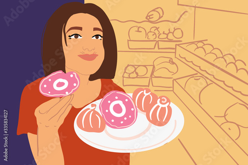 Young woman eating sweet donuts near the refrigerator at night. Concept of a bed food and overeating. Colorful vector illustration in flat cartoon style