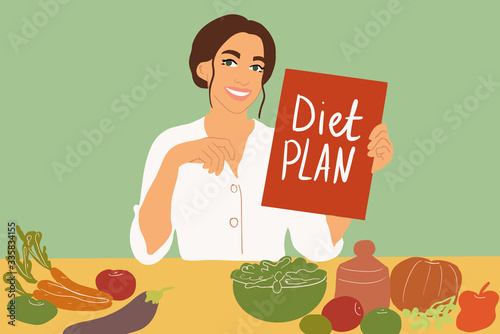 Female nutritionist sitting with a diet plan at the table full of healthy food ingredients on the green background. Colorful vector illustration in flat cartoon style