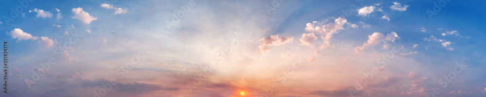 Panorama of Dramatic vibrant color with beautiful cloud of sunrise and sunset. Panoramic image.