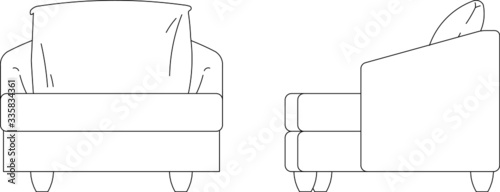 Single-seat luxury armchair in 2D CAD drawing. Drawing in black and white. 