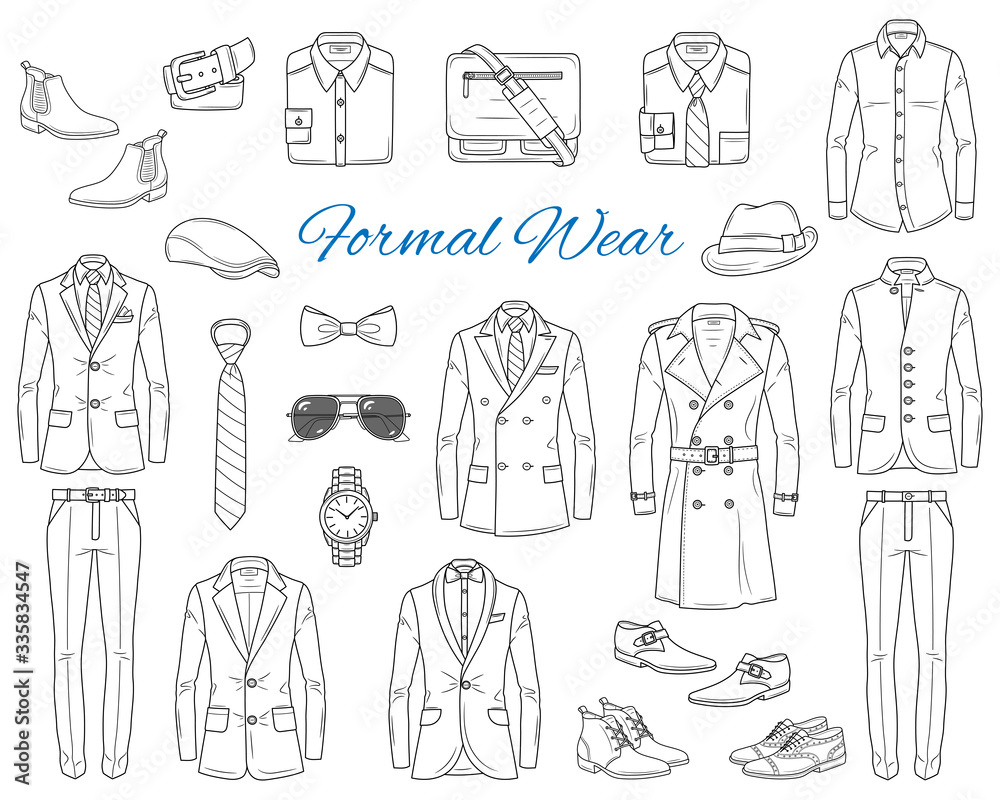Men's Fashion set, formal wear, clothes and accessories, vector sketch  illustration, isolated on white. Stock Vector | Adobe Stock