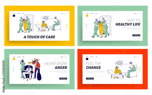 Patient Character in Straitjacket in Asylum, Mafia Band Mental Health Clinic Landing Page Template Set. Madhouse with Bed, Soft Walls, Doctor and Orderly, Criminals. Linear People Vector Illustration