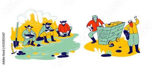 Golden Rush and Gold-washing Concept Prospector Characters Panning for Nuggets in Stream at Western Mining Camp, Bandits with Weapon Steal Prills, Wild West Theme. Linear People Vector Illustration