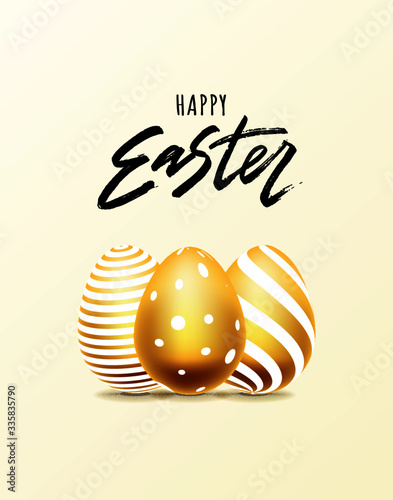 Happy Easter hand lettering with gold realistic looking ester eggs. Vector typography. Quote as Pascha logo, promotion, poster, flyer, article, postcard, web-banner, invitation template.