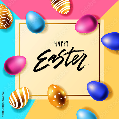 	
Happy Easter hand lettering with gold realistic looking ester eggs. Vector typography. Quote as Pascha logo, promotion, poster, flyer, article, postcard, web-banner, invitation template.