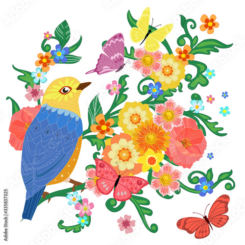 colorful invitation card with happy bird sitting on flowering br