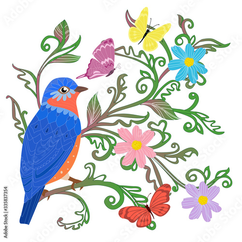 cute blue bird sitting on twigs of green leaves ornament surroun