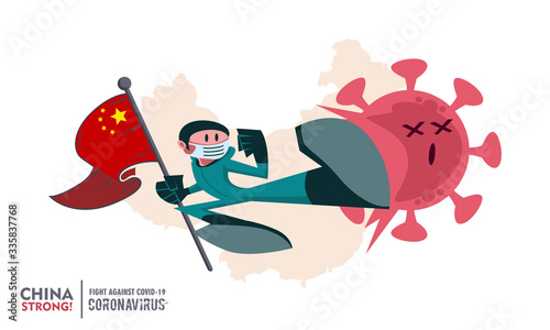 Person with biohazard suit holding national flag fighting coronavirus pandemic or coronavirus outbreake 2019 COVID-19. National map on background. Scalable and editable vector illustration.
