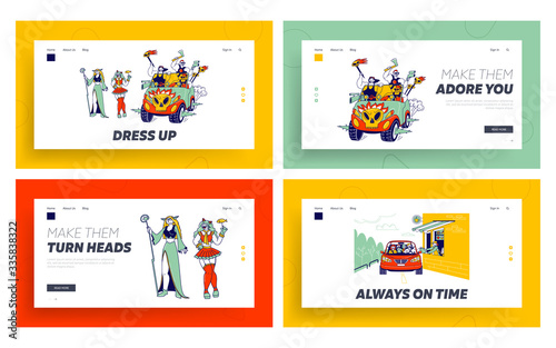 Cosplay Fest and Drive Thru Service Landing Page Template. Culture Hobby and Entertainment. Happy Anime Characters Fans Party. Cosplayers in Outfit, Takeaway Food. Linear People Vector Illustration