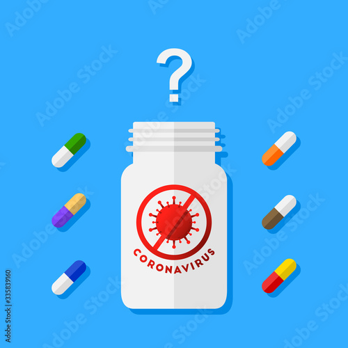 Coronavirus and possible cure concept with pill bottle and question mark above it. Various pills, capsules and medicine as different treatment or remedy methods.