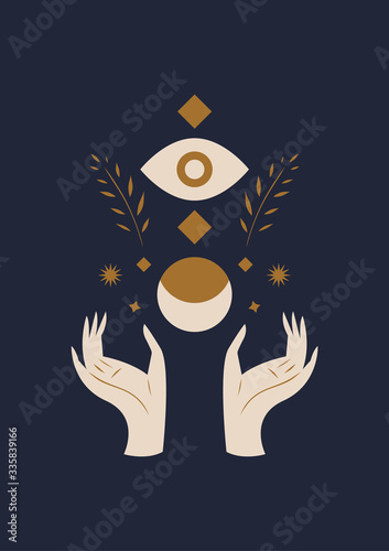 Hands holding Moon and Eye. Sacred geometry. Magic witchcraft concept. Vector illustration.