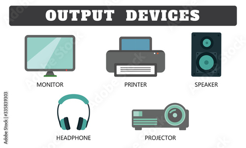 Output Device Collection on white background drawing by Illustration. Monitor,Printer,Speaker,Headphone & Projector drawing by Illustration