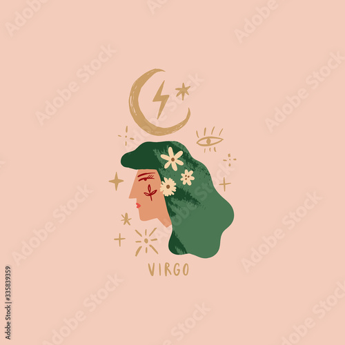 Zodiac girl Virgo character. Space head portrait sign. Vector illustration.
