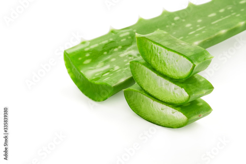 Isolated fresh aloe vera leaves sliced on white background. Aloe vera gel have medical properties for wound healing.