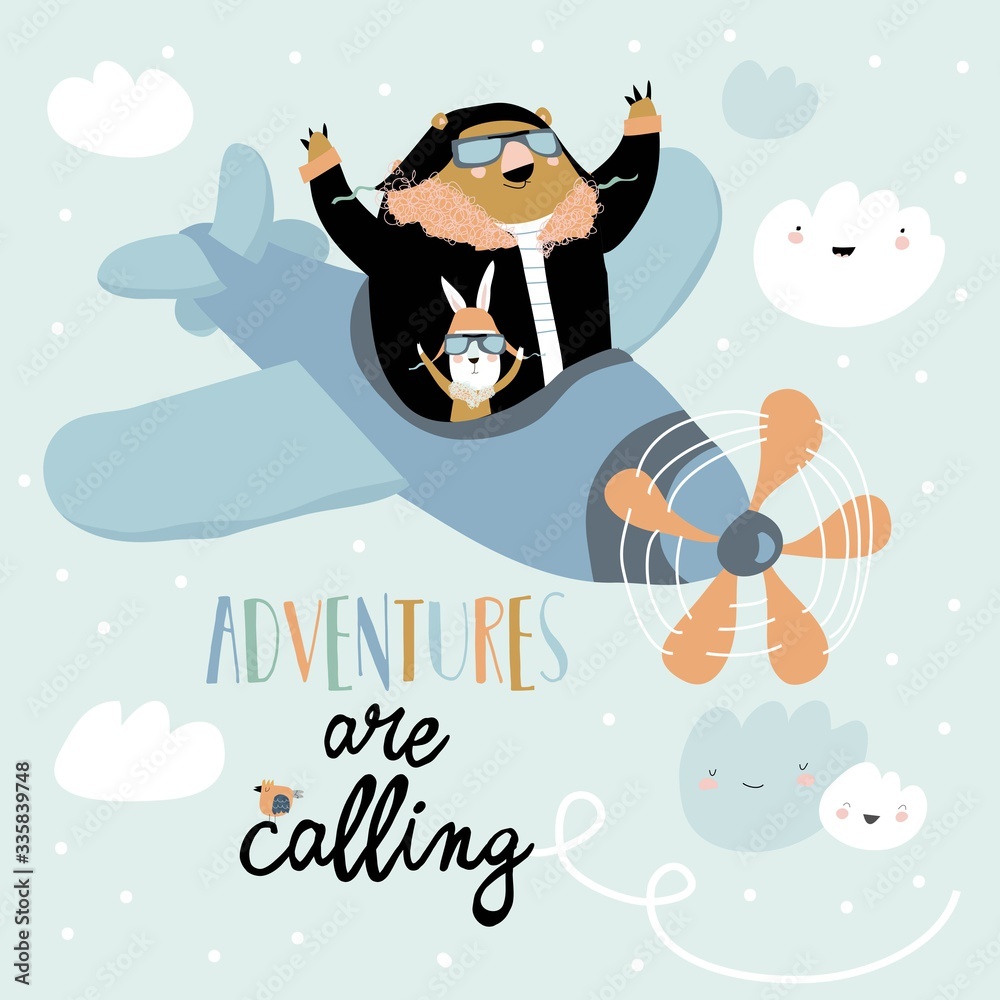 Naklejka premium Cute bear and rabbit on a plane in the sky