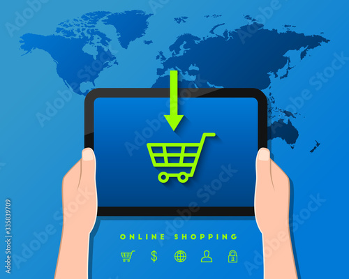 Online shopping and e-commerce concept with hand holding device displaying a shopping cart. World map in the background, arrow pointing down to the trolley. Web market, retail and store illustration.