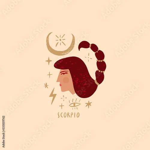 Zodiac girl Scorpio character. Space head portrait sign. Vector illustration.