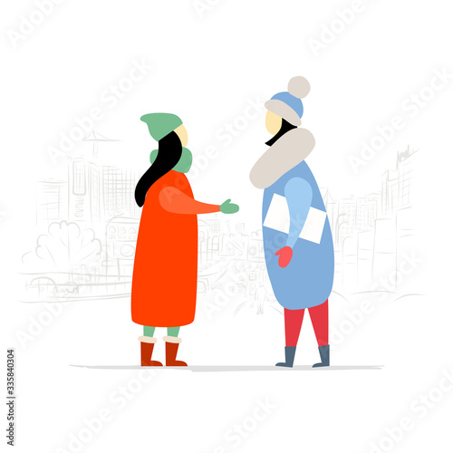 Women Talking on the city street. Winter Season.