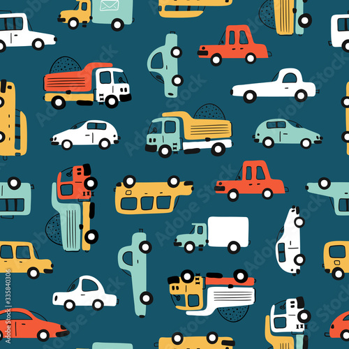 Cartoon Transportation Background for Kids. Vector Seamless Pattern with doodle Toy Cars 