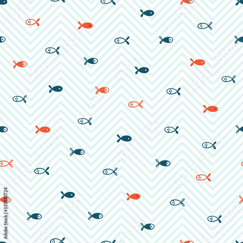 Fishes Seamless Pattern. Background for Kids with Hand drawn Doodle Cute Fish. Cartoon Sea Animals Vector illustration in Scandinavian style
