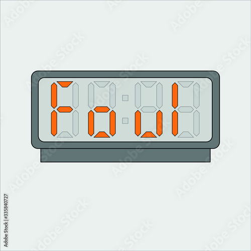 Vector image or picture of digital clock or alarm with orange letters showing text on the light grey background. Stylized word foul on digital or electronic device