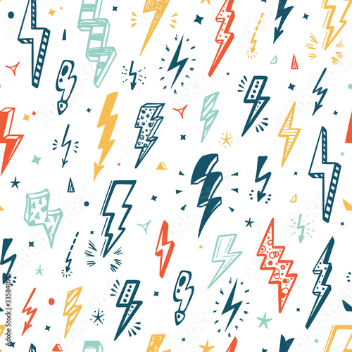 Lightning Bolts Vector Seamless Pattern. Repeat Background with Hand Drawn Doodle Lightning Bolt Signs, Thunderbolts, Energy Thunder bolt, Warning Symbol illustration
