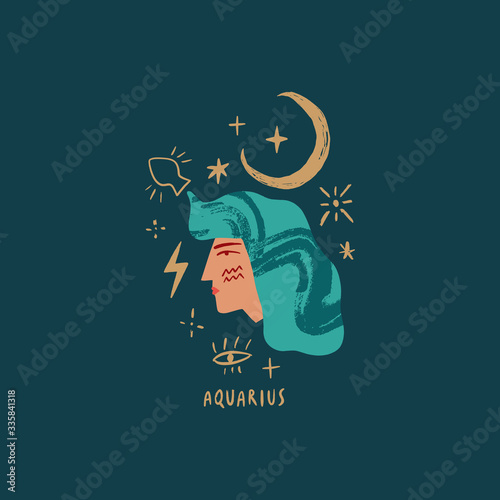 Zodiac girl Aquarius character. Space head sign. Vector illustration.